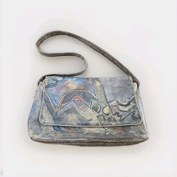 Jane Yoo Hawaii Wearable Art Hand-Painted Signed Leather Shoulder Bag Geometric - Picture 1 of 15